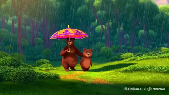 有一天,熊妈妈和熊宝宝一起出门,下雨了,熊妈妈撑开一把漂亮的雨伞,为了不让雨淋湿熊宝宝,熊妈妈总是把雨伞伸向熊宝宝那边,雨停了,熊妈妈收起了雨伞,熊宝宝看自己,一点也没淋湿,可妈妈的半边身子全湿了, by Hailuo AI Video Generator