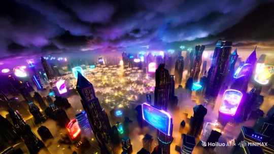1. 开场震撼全景（3秒）
提示词："Aerial view of cyberpunk megacity, neon-lit skyscrapers piercing through smog, hundreds of glowing drones forming patterns below, holographic advertisements floating between buildings, hyper-detailed 8k, cinematic lighting with blue-purple tones, fisheye lens perspective, volumetric fog"

2. 主体人物登场（2秒）
提示词："Close-up of cyborg woman standing on glass platform, circuit patterns glowing on skin, wind blowing trench coat, reflection of city lights in visor, holographic interface projected from palm, futuristic server racks glowing in background, neon cyan accents, cinematic backlighting"

3. 无人机群特写（2秒）
提示词："Low-angle shot of drone swarm passing camera, hexagonal mechanical details visible, red navigation lights blinking, distorted reflection in chrome skyscraper surface, neon Chinese characters floating in rain, motion blur effect, cyberpunk aesthetic"

4. 超级计算机核心（2秒）
提示词："Massive quantum computer core glowing with blue energy, woman interfacing via neural cables, holographic data streams surrounding, cooling pipes emitting vapor, intricate circuit patterns pulsing, security drones patrolling catwalks above, neon emergency lighting"

5. 俯视终极全景（1秒）
提示词："Vertical panorama from space elevator perspective, entire cybercity glowing in darkness, drone swarm forming spiral pattern, massive holographic corporation logo projected in atmosphere, ion storms flashing in upper atmosphere, cinematic lens flare"

剪辑建议：
- 使用快速镜头推拉转换
- 添加合成器电子音效增强科技感
- 调色偏向青橙对比
- 在无人机镜头添加动态模糊
- 使用数字故障转场特效 by Hailuo AI Video Generator