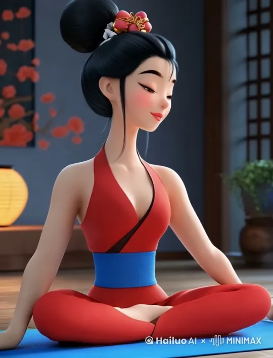 女子微笑举起双臂，做着伸展运动，镜头拉远，展示房间全貌，画面温馨 by Hailuo AI Video Generator