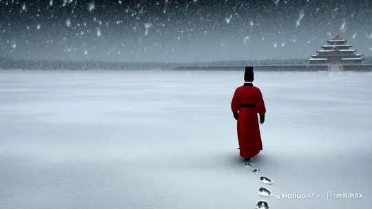 大俯视，极简，中国审美，天地间下着白色大雪，雪地间有一红衣朝服官员，他的身后有长脚印，在他的前面是雪中隐隐约约的皇宫，朦胧，天地间白雪覆盖，大留白 by Hailuo AI Video Generator