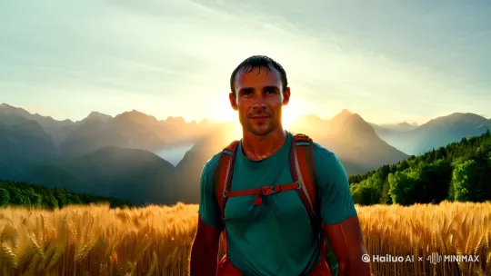 在这幅照片中，我们看到的是一个坚韧不拔的男人正在徒步旅行。他的眼神坚定而深邃，仿佛在诉说着他的决心和对未知的探索。他的步伐稳健而有力，每一步都踏在了大地的脉搏上。他的身影在夕阳的余晖下拉出长长的影子，像一幅动态的画卷。

他的身后是一片连绵起伏的山脉，山峦叠嶂，云雾缭绕，给人一种神秘而又壮丽的感觉。他的前方是一片开阔的田野，金黄的麦穗在微风中摇曳，仿佛在欢迎他的到来。他的左右两侧是繁茂的森林，绿色的树木像一道天然[左移,上升]的屏障，保护着他前行的道路。

他的身上穿着一身简单的徒步装备，但他的眼神却充满了对生活的热爱和对自然的敬畏。他的脸上虽然满是汗水，但他的嘴角却挂着满足的微笑。他的眼神中充满了坚定和勇气，仿佛在告诉我们，只要心中有目标，就没有什么能够阻挡他前进的步伐。

这幅照片就像一首优美的诗，描绘了一个男人徒步旅行的画面。它让我们感受到了大自然的壮丽和人类的坚韧，也让我们对生活充满了期待和希望。 by Hailuo AI Video Generator