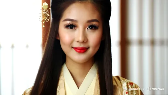 穿着穿着汉服的美女，朝镜头抛媚眼的同时，张开樱桃小嘴，吐出他可爱的小舌头 by Hailuo AI Video Generator