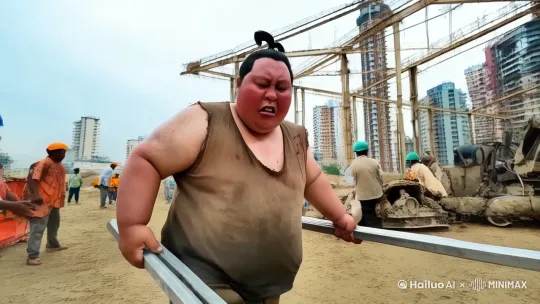 太乙真人穿着破烂衣裳在工地扛钢筋艰难地行走，大汗淋漓。 by Hailuo AI Video Generator