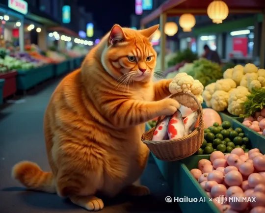 固定镜头拍摄，胖猫在菜摊上上拿起一颗花椰菜放到篮子里 by Hailuo AI Video Generator