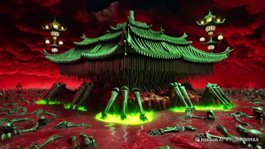 核心意象:以《山海经》中的“幽都”为原型，
混搭酆都鬼城+青铜刑器+血肉崇拜，构建”地
狱即现实"的室息式神话空间。
1.空间结构
主体建筑:
由万具青铜骷髅堆砌而成的倒悬佛塔，塔
底伸出巨型骨爪紧扣地面，每层檐角悬挂
人皮灯笼(瞳孔作灯芯)
地面流动的血肉沼泽，表面漂浮着刻有《度人经》的青铜残片，间歇有腐烂手臂破土抓
取，天空:暗红色云层中嵌着无数青铜编钟,随阴风自动撞击，音波具象化为尖叫鬼脸。
光影：地下渗出绿色磷火，遇血雾折射出判官虚影，随观察角度变化呈现哭笑双面。
刑具图腾
十八层地狱刑具青铜化(如蒸笼变鼎器
刀山转齿轮组)，以机械结构重复执行剁
骨动作。
血肉共生
建筑表面血管状藤蔓缠绕，未端连接半融
合的人/兽头颅，持续发出黏稠吞咽声。
2.比例压制
在血肉沼泽中设置超尺度物体:
30米高的残破石敢当(表面布满抓痕)
被百条血锈锁链贯穿的巨型牛头骨(眼
匪内燃烧业火) by Hailuo AI Video Generator