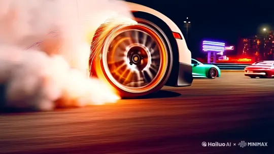 Ultra realistic cinematic shot, 
[布加迪Chiron/保时捷911/兰博基尼Aventador]超跑漂移特写, 
轮胎与地面剧烈摩擦产生大量白烟, 刹车片迸发火星, 
动态追焦镜头, 低角度拍摄, 
[城市街道夜间霓虹灯/专业赛道日落逆光/山路弯道尘土飞扬]场景, 
慢动作特效, 镜头轻微晃动增强真实感, 
4K超清画质, 高动态范围HDR, 
电影级光影效果, 强烈色彩对比 by Hailuo AI Video Generator