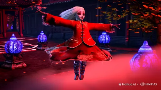 一位银白色长发的甜美少女，身穿深红色改良清朝僵尸服饰，服饰上绣着褪色的金色祥云纹路和做旧铜扣。她正在阴森的古宅庭院中跳着融合机械舞步的古典舞蹈，悬浮在空中旋转，银白发丝与破损的衣襟随风飘动。背景中有发光的青紫色符咒环绕，地面浮现古老阵法纹路，血红色月光透过薄雾照亮飘落的银杏叶，整体呈现虚幻引擎5质感的超现实新国风蒸汽朋克风格 [变焦推进] by Hailuo AI Video Generator
