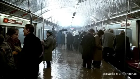 地铁车厢里正在下雨，没有一个人撑伞，车厢内的水位线已到乘客的脚踝。 by Hailuo AI Video Generator
