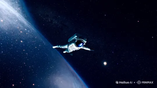 太空中漂浮着一位宇航员正在努力朝镜头处飘来，试图握住离镜头最近的一个电视遥控器。 by Hailuo AI Video Generator