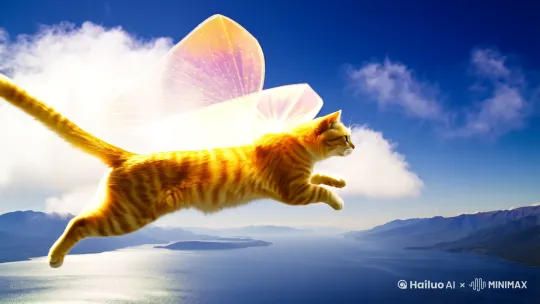 一只优雅的猫咪展开透明的翅膀，在天空中自由翱翔。它的毛发在阳光下闪烁着金色的光芒，尾巴轻轻摆动，展现出一种灵动与自由。[3] 场景环境：湛蓝的天空中飘着几朵洁白的云，猫咪在云层之间穿梭，仿佛在探索未知的世界。远处可以看到连绵的山脉和闪烁的湖泊。[4] 心情与氛围：画面传递出一种梦幻、自由和冒险的感觉。猫咪的飞翔象征着突破常规，探索无限可能的精神。[5] 风格：奇幻插画[6] 使用水彩或数字绘画工具，通过柔和的色彩和流畅的线条表现出猫咪的轻盈与天空的广阔。翅膀的透明质感可以通过渐变和光影效果来实现，营造出一种虚幻而唯美的画面 by Hailuo AI Video Generator