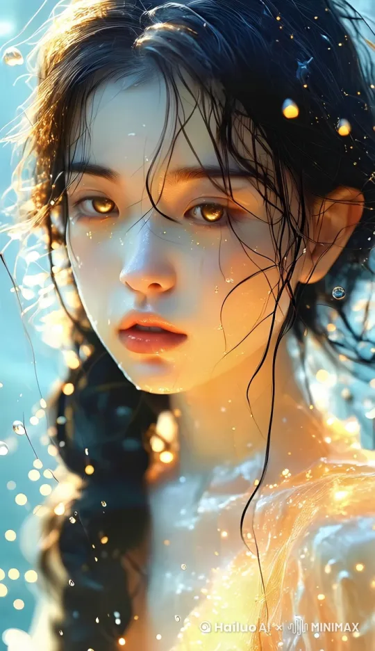水流动，女孩人体透明，金光在身体流动，黄金星空在眼睛里流动，小清新，电影级别，皮肤细节通透，性感，画面梦幻、神秘、合并嘴唇， by Hailuo AI Video Generator