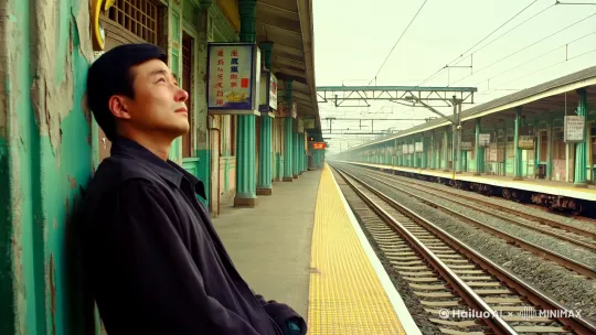 《站台》 画面1：中景。一位30多岁的中国男人靠在一棵站台柱子上，抬头望向远方。背景是90年代破旧的火车站站台，斑驳的墙壁、褪色的广告牌，铁轨延伸至远方。
画面2：近景。铁轨上泛着微微的反光，一列绿皮火车缓缓驶入画面。
-画面3：特写。男人紧闭双眼，眼眶湿润，一滴泪水顺着脸颊慢慢滑落。
-画面4：中景。火车鸣笛声响起，车轮与铁轨摩擦发出刺耳的声音。男人睁开眼睛，目送火车驶过。
-画面5：特写。男人低头深吸一口气，神情落寞。火车的车厢快速划过镜头，光影在他脸上交替变换。
-画面6：定格。男人靠在柱子上，眼神空洞。火车已经远去，只留下一股白烟在空中消散。
时长： 10秒 by Hailuo AI Video Generator