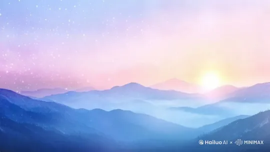梦幻般的自然风景视频，层层叠叠的山脉在晨曦或黄昏的柔和光线中显得朦胧而神秘，天空呈现渐变的色彩，从深蓝色过渡到淡粉色和黄色，天空中点缀着许多小星星，增加梦幻感，太阳位于画面右侧，散发出柔和的光芒，照亮远处山脉，整体色调柔和，传达放松和宁静的感觉
动态元素：闪烁的星星，轻微的山脉层次变化
视频风格：梦幻，宁静，色彩渐变 by Hailuo AI Video Generator
