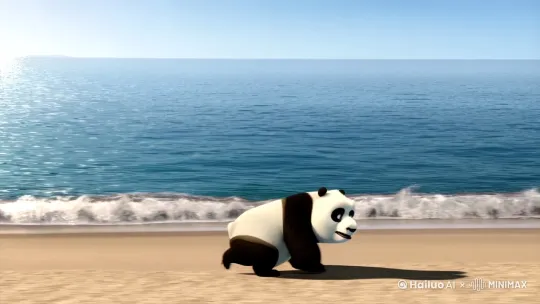 一只熊猫在海边散步的时候，看到一只鲸鱼从海面跃起跟熊猫打招呼 by Hailuo AI Video Generator