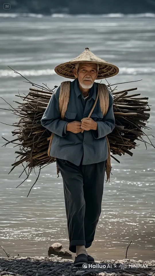 图中老人，他轻功十分了得，身如浮萍般漂浮于水上，动作轻灵快捷，如同蜻蜓在水面轻轻一点即飞向河对面，水中的鱼群跃起水面 by Hailuo AI Video Generator