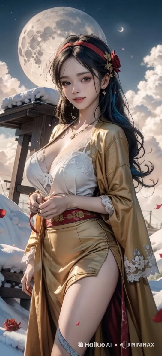 缓缓往前走动，越来越靠近，头发自然飘动，衣服飘动自然， by Hailuo AI Video Generator