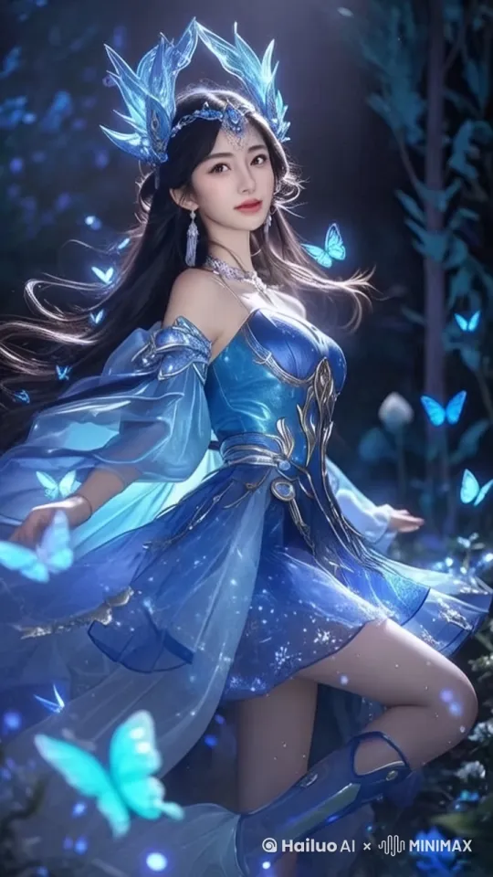 美女翩翩起舞，蝴蝶在四周飞 by Hailuo AI Video Generator