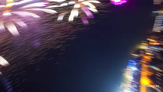 [右移,左摇]航拍，FPV视角，旋转运镜，镜头高速运动，特写，超近距离拍摄，灿烂的烟花，数百个烟花，红的，黄的，绿的，紫的，粉的，青的，橙黄的，夜空中，纯黑色的背景，烟花依次绽放，空间感强烈，身临其境的感觉，视觉冲击力，世界上最大最美的烟花绽放，刺激的场面，浪漫的氛围，十分激动人心，高质量，专业级摄影拍摄 by Hailuo AI Video Generator