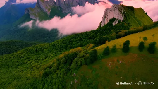 航拍，镜头沿着翠绿的山脊（中线）缓缓前进抬头，翠绿的青山右侧是白色岩石的悬崖，满山的绿树随风摇动，山脚下飘着薄薄的雾气，镜头飞跃山巅，云蒸霞蔚，最后镜头抬头俯瞰远处群山，云霞和朝阳。 山峰在画面左半边，远景在右半边 by Hailuo AI Video Generator