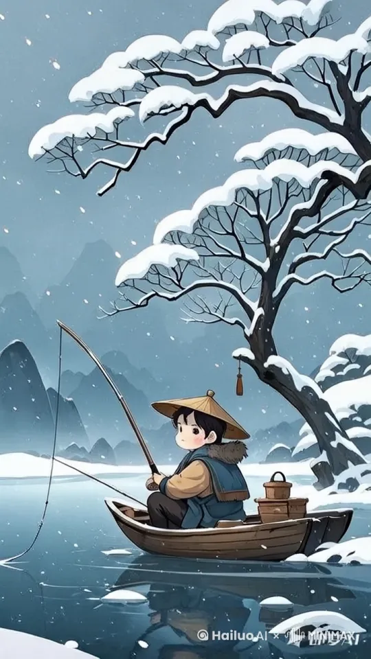 千山鸟飞绝，万径人踪灭。
孤舟蓑笠翁，独钓寒江雪。
要求画风卡通，天气下着鹅毛大雪 by Hailuo AI Video Generator