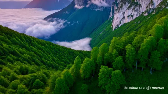 航拍，镜头沿着翠绿的山脊（中线）缓缓前进抬头，翠绿的青山右侧是白色岩石的悬崖，满山的绿树随风摇动，山脚下飘着薄薄的雾气，镜头飞跃山巅，云蒸霞蔚，最后镜头抬头俯瞰远处群山，云霞和朝阳。 山峰在画面左半边，远景在右半边 by Hailuo AI Video Generator