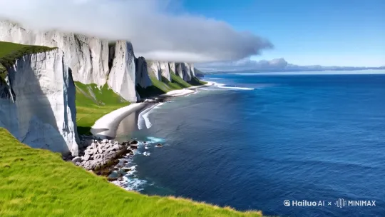 山海场景,类似白令海峡,左侧的山崖上是鲜绿色的草皮,靠边的一侧是白色的断崖高高耸立,山脚下是零散的礁石,白色的沙滩蜿蜒,深蓝色的大海,潮汐拍打着礁石,海上的云雾漂浮着,
4k画质 60帧 by Hailuo AI Video Generator