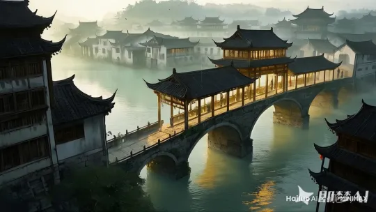 青瓦白墙的古桥横跨岷江,晨雾如轻纱般笼罩江面,金色晨光穿透传统屋檐的镂空雕花,在石板路上投射出斑驳光影,远处层叠的徽派建筑群在薄雾中若隐若现,整体画面采用水墨淡彩风格,--ar 3:4 --niji 6 --style expressive by Hailuo AI Video Generator