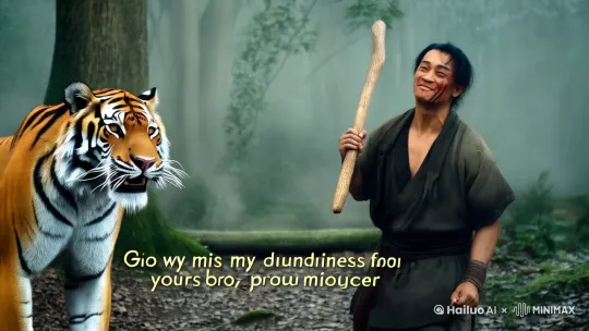 
武松（醉醺醺地）："哎哟，这只大猫长得还挺别致啊！武松（得意地）："看来我的酒气比你的虎威还厉害啊！"。比例 9:16。 by Hailuo AI Video Generator