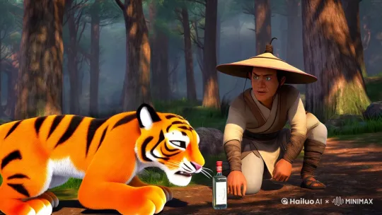 帮我生成一个视频：武松以为老虎已经被自己的酒气熏晕，正准备坐下来休息一会儿。突然，老虎又摇摇晃晃地站了起来，显然它对武松的酒气产生了抗性。

老虎（愤怒地）："你竟敢用酒气熏我！"

老虎再次扑向武松，武松迅速闪开，顺手从地上捡起一根树枝。然而，这根树枝竟然是一根魔法棒！武松无意中挥动魔法棒，老虎瞬间被变成了一只小猫咪。

武松（惊讶地）："哇，这是什么宝贝？"

小猫咪（委屈地）："喵~"

武松把小猫咪抱在怀里，继续往前走。比例 4:3。 by Hailuo AI Video Generator