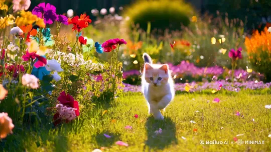 一只可爱生动的小猫咪在花园里追蝴蝶，花瓣到处飞舞 by Hailuo AI Video Generator