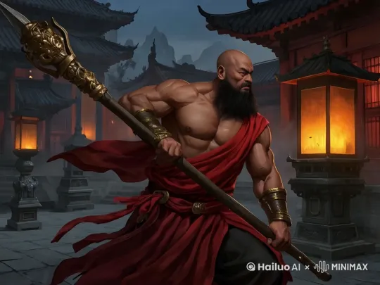 男人用手中的兵器打碎旁边的灯 by Hailuo AI Video Generator