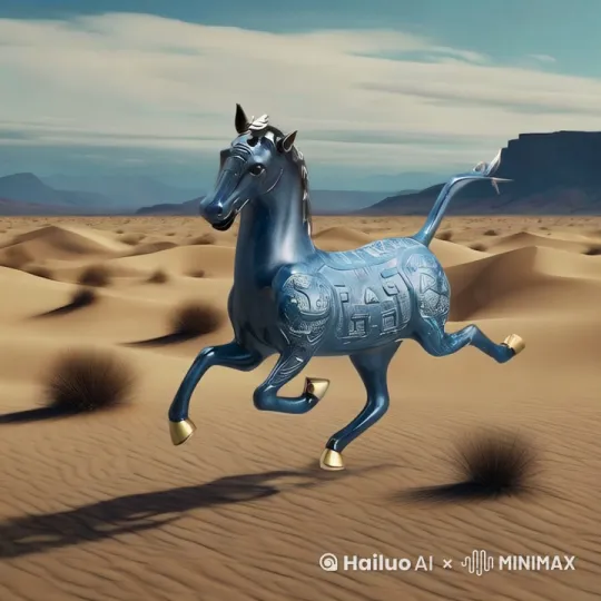 马向前跑，马蹄使得沙漠上的尘土飞扬 by Hailuo AI Video Generator