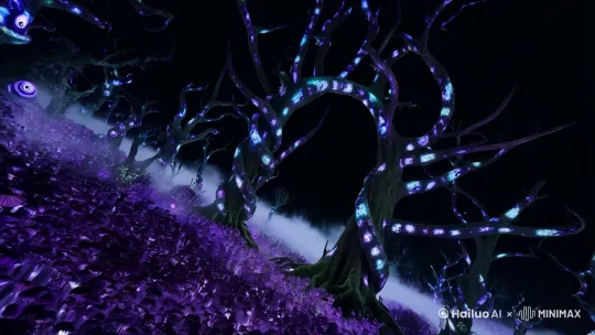 镜头1:扭曲的森林 (广角镜头,鱼眼效果)
画面中央是一棵巨大的、扭曲的树木,树干如同盘踞的巨蛇,树皮上布满闪烁着荧光的诡异纹路。
树木的枝干扭曲缠绕,形成一个巨大的拱门,拱门内是一片漆黑,仿佛通往另一个世界。
周围的其他树木也呈现出不自然的形态,有的像张牙舞爪的怪物,有的像扭曲的人体,树叶呈现出不自然的紫色和黑色。
地面上布满了发光的菌类,空气中弥漫着浓重的雾气,雾气中似乎有无数双眼睛在窥视。 by Hailuo AI Video Generator