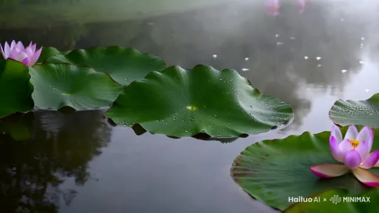 水面平静 雾气 荷叶 荷花   露珠 晶莹剔透   微风徐徐 by Hailuo AI Video Generator