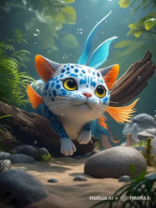 猫鱼在水里游来游去，嘴里还说着话，镜头拉远再推近 by Hailuo AI Video Generator