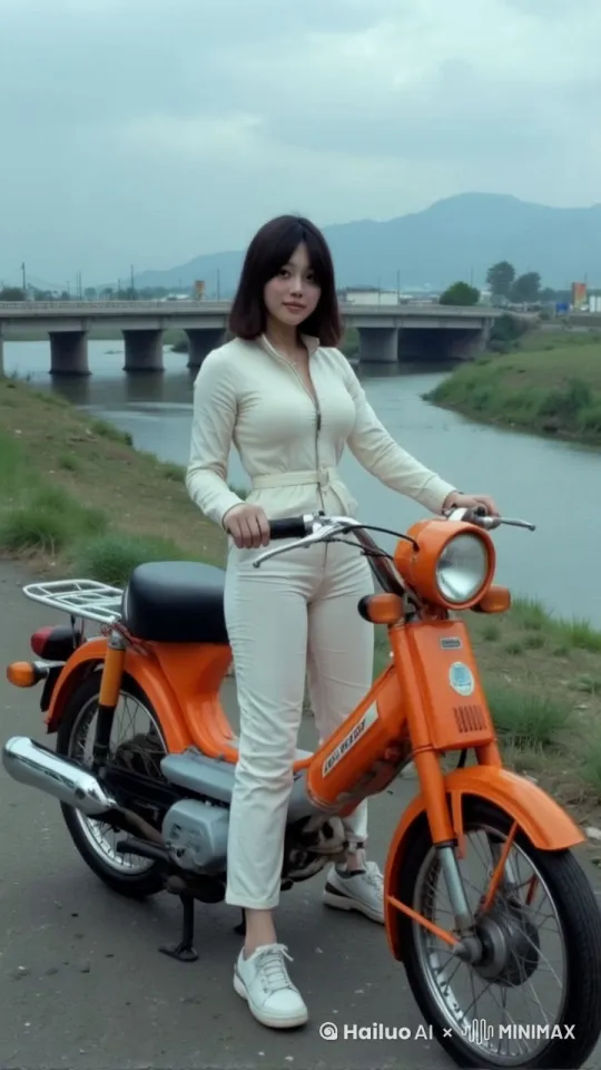 一个女孩安静的站在摩托车上，风吹动她的头发，镜头缓缓拉远。 by Hailuo AI Video Generator