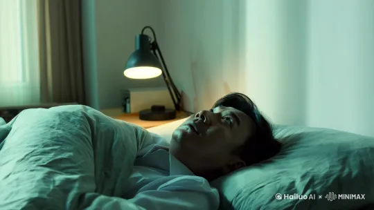一位中国男人上班族，躺在家里床上睡觉，睁着眼想工作上的事情，一直没有想通 by Hailuo AI Video Generator