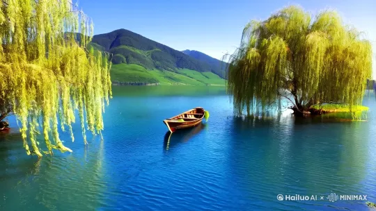 |镜号|景别|画面内容|时长|音效|画面色调|
|-|-|-|-|-|-|
|1|远景|阳光明媚的午后，一片宁静的湖面映入眼帘。湖面广阔，波光粼粼，远处青山连绵起伏，与蓝天相接。湖岸边垂柳依依，细长的柳枝垂落在水面上，随着微风轻轻摇曳。|0:00 - 0:01|轻柔舒缓的风声，偶尔夹杂着几声清脆的鸟鸣|整体色调清新明亮，以蓝、绿为主，湖水湛蓝，天空澄澈，青山翠绿，柳树嫩绿|
|2|中景|画面拉近，湖面上一艘小小的木船缓缓出现。木船没有船夫，船身随着湖水的涟漪轻轻晃动。船身是古朴的棕色，船舷上挂着一些水草，增添了几分自然气息。|0:01 - 0:02|湖水轻轻拍打着船身的细微声响，风声持续|色调延续上一镜，突出木船的古朴，与周围自然景色相融合|
|3|近景|镜头聚焦在木船上，船中央摆放着一个精致的竹篮，竹篮里装满了鲜艳欲滴的野花，有红的、黄的、紫的，色彩斑斓。野花在微风中轻轻颤动，仿佛在散发着芬芳。|0:02 - 0:03|微风拂过野花的沙沙声，风声、水浪声作为背景音|色调更加鲜艳，突出野花的多彩，竹篮的暖棕色与野花形成对比|
|4|特写|一朵红色的野花在镜头前逐渐放大，花瓣上挂着晶莹的水珠，在阳光的照耀下闪烁着光芒。水珠顺着花瓣缓缓滑落，滴在船板上。|0:03 - 0:04|水珠滑落的滴答声，风声、水浪声依旧|以红色为主色调，突出水珠的晶莹，光线明亮，营造出清新的氛围|
|5|近景|突然，湖面上泛起一阵涟漪，一只洁白的天鹅优雅地游了过来。天鹅的羽毛洁白如雪，脖颈修长而优美，它用嘴轻轻梳理着翅膀上的羽毛。|0:04 - 0:05|天鹅划水的声音，清脆悦耳，风声、水浪声持续|白色的天鹅在蓝色湖水的映衬下格外醒目，色调纯净，突出天鹅的优雅|
|6|中景|天鹅游到木船旁边，用头轻轻蹭了蹭竹篮，随后歪着头，似乎在好奇地打量着野花。它的眼睛黑亮有神，透着灵动的光芒。|0:05 - 0:06|天鹅轻微的蹭动声，偶尔发出一声轻柔的鸣叫，风声、水浪声作为背景|色调柔和，画面温馨，展现天鹅与木船、野花的互动|
|7|近景|此时，天空中飘来一片乌云，逐渐遮住了阳光，湖面的光线开始变暗。乌云边缘透出一丝淡淡的灰色光芒，给整个画面增添了一丝神秘的氛围。|0:06 - 0:07|风声稍微变强，带有一丝低沉的呼啸，预示着天气的变化|色调由亮转暗，从清新明亮过渡到略带灰暗，灰色调逐渐加重|
|8|远景|乌云迅速蔓延，很快笼罩了整个湖面，原本平静的湖面变得有些阴沉。木船和天鹅在逐渐昏暗的天色下，轮廓变得模糊，只留下一个大致的剪影。|0:07 - 0:08|风声呼啸，夹杂着远处传来的隐隐雷声|画面以灰暗色调为主，突出天色变化带来的视觉冲击，营造出神秘而压抑的氛围| by Hailuo AI Video Generator