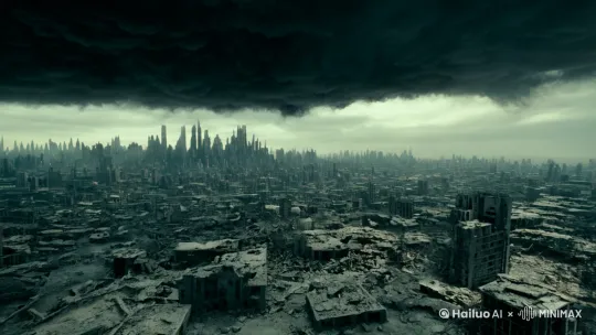 [下降,上摇]The camera is revealing a collapsed cityscape in the distance,which is engulfed in radioactive haze. The dim sky above is choked by thick,black metallic smog,creating an eerie atmosphere,mute and desaturated color grading,post-apocalyptic movie scene, shot on RED Komodo,directed by Andrei Tarkovsky. by Hailuo AI Video Generator