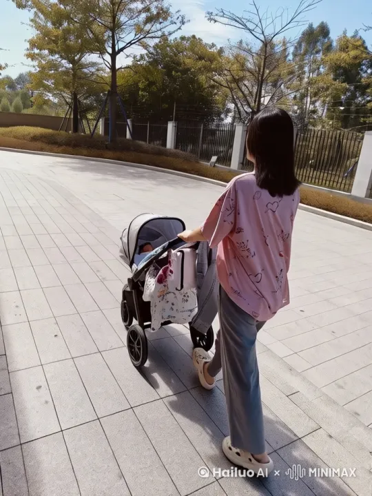 描述一个妈妈推着婴儿车飞起来向远去飞走 by Hailuo AI Video Generator