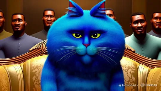 非常胖的蓝色的猫坐在沙发上，后面有很多男黑人 by Hailuo AI Video Generator