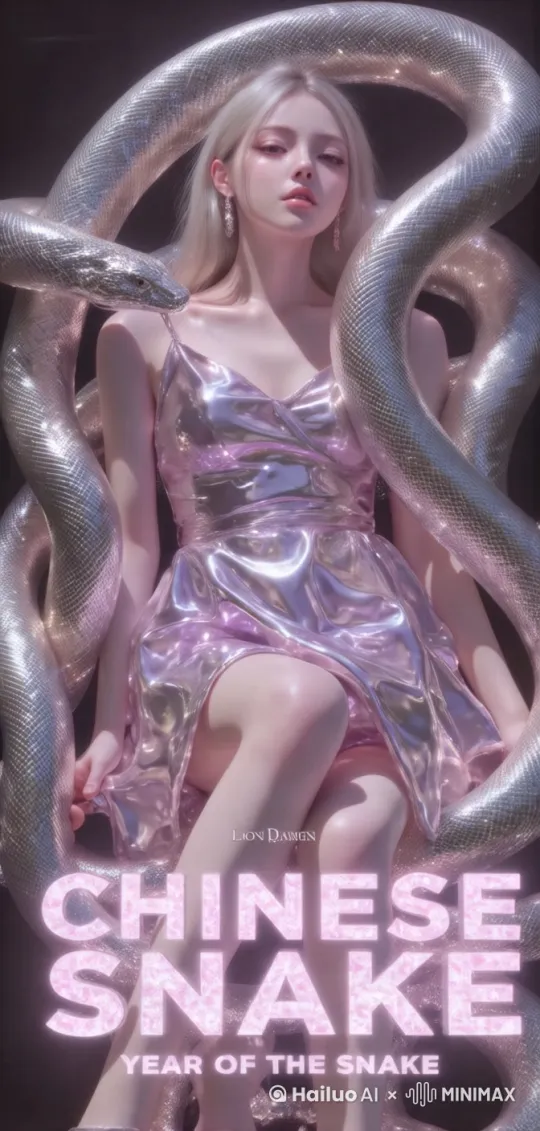 美女妩媚的看着镜头，蛇在缓慢游动。 by Hailuo AI Video Generator