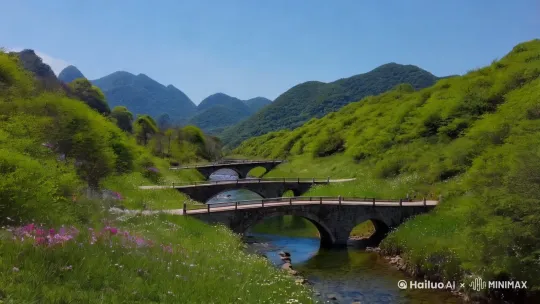青山绿水，小桥流水，鸟语花香，炊烟袅袅，描写一段春童盎然的视频 by Hailuo AI Video Generator