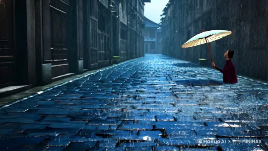 "青石板巷油纸伞掠过，雨滴在黛瓦上炸成水晶，
AI镜头穿透雨幕追焦伞下汉服侧颜，5秒梦回《梦华录》取景地。
#国风美学 #AI摄影" by Hailuo AI Video Generator