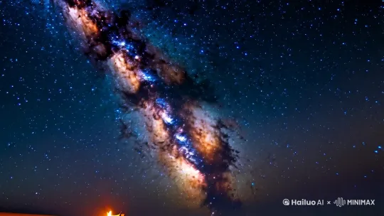 "撒哈拉的银河倾泻而下，延时摄影捕捉篝火灰烬升空，
火星与星光缠绕成螺旋，5秒诠释什么是「向自由而生」。
#星空摄影 #治愈系风景" by Hailuo AI Video Generator