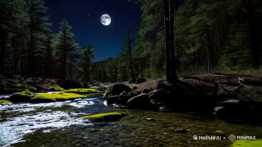 夜晚，天空点缀着几颗星星，圆月高挂，一条清澈小溪流在茂密的松树林中蜿蜒流淌，溪流很窄，在石头间缓缓流淌 by Hailuo AI Video Generator