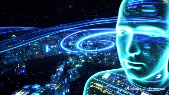 接线框,三维图形,人的头部,生物学,人造的,电子人,画画,思考，技术,背景,涡,太空,粒子,大数据,计算机网络,螺线,中国，科幻、未来、赛博朋克、全息影像、虚拟人的3D渲染与霓虹灯蓝色线和点的虚拟数据包围，元宇宙数字网络世界，人与虚拟现实 by Hailuo AI Video Generator