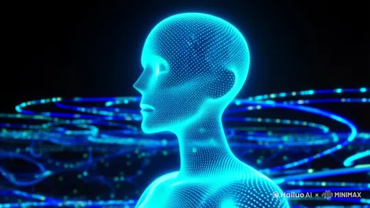 接线框,三维图形,人的头部,生物学,人造的,电子人,思考，技术,背景,涡,太空,粒子,大数据,计算机网络,螺线,科幻、未来、赛博朋克、全息影像、虚拟人的3D渲染与霓虹灯蓝色线和点的虚拟数据包围，元宇宙数字网络世界，人与虚拟现实，人工智能，计算机神经网络，机器学习，机器人或半机械人头，计算机数据网络空间背景，未来世界的未来数字技术力量AI人工智能，人工智能(AI)、机器学习和现代计算机技术的概念，机器人在虚拟屏幕上按按钮，三维渲染 by Hailuo AI Video Generator