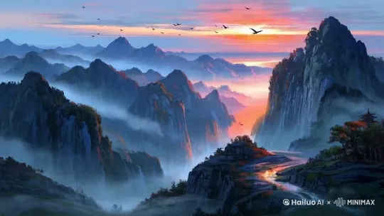 [水墨山脉全景] + 镜头缓慢左移 + 晨雾流动效果 + 飞鸟轨迹跟踪 + 持续3秒 + 淡入开场 by Hailuo AI Video Generator