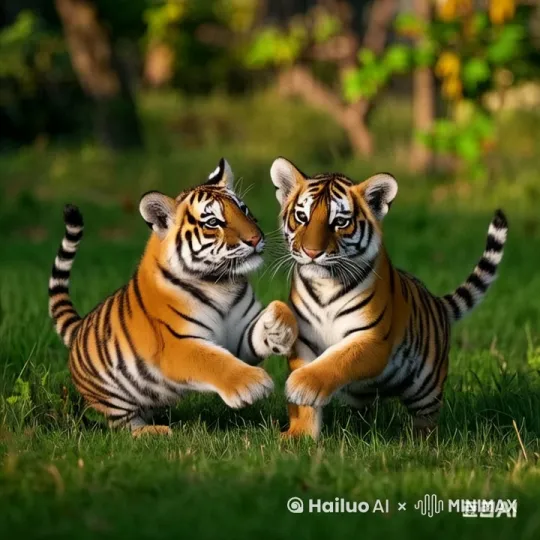 两只老虎向前跑  然后一只继续向前跑一直掉头向后跑 by Hailuo AI Video Generator